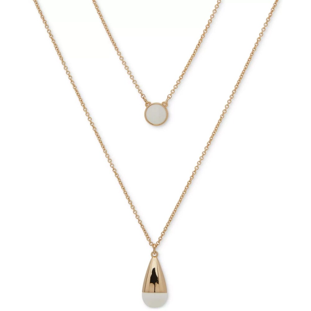 DKNY Gold-Tone Two-Row Necklace White Bead Pendant 16" + 3" Extender